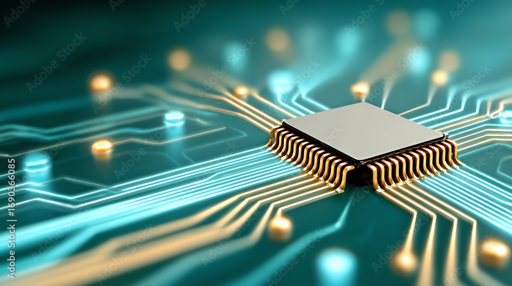 Poster a detailed, digitally rendered image showcases a central microchip integrated within a complex netwo