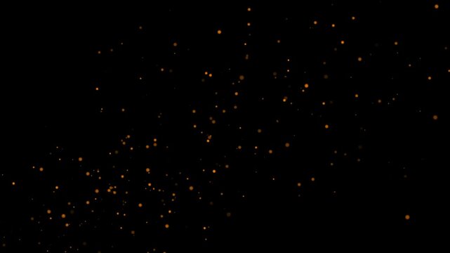 Glowing orange embers floating gently on dark black background. Abstract fire bokeh on smoke background 4k. Particles flying in wind on fire background Animation, Seamless loop. Sparks on a black.