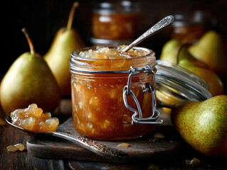 A jar of homemade pear chutney with fresh pears beside it