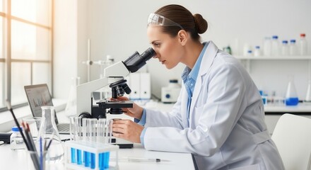 Dedicated female scientist using microscope in laboratory for research and analysis
