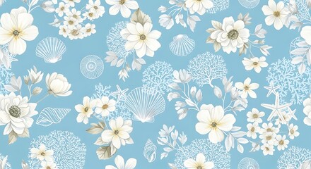 Light blue background with scattered white floral and coral elements