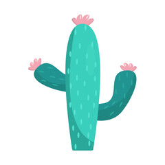 Colorful cartoon cactus with pink flowers against a white background, ideal for design use