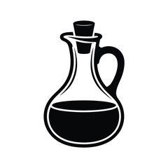 Black and white illustration of a glass cruet with dark liquid