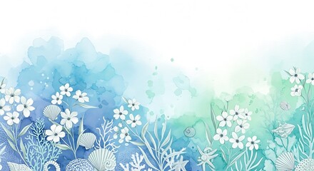 Watercolor meadow with white flowers and blue green background