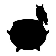 Logo con silueta de búho en caldero de bruja para felicitaciones y tarjetas de Halloween © teracreonte