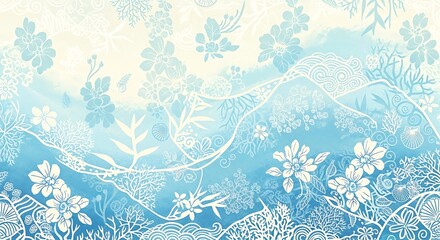 Abstract blue and white floral pattern with watercolor effect