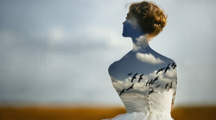 Double exposure background: wedding dress flowing into flock of doves