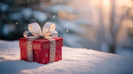 A festive red christmas gift box with a white ribbon bow sits in soft falling snow during a winter evening with warm light