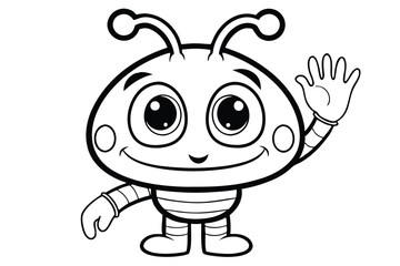 Friendly cartoon alien character waves happily with a toothy grin on a light backdrop