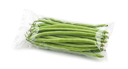 Green beans in a clear plastic bag on a white surface