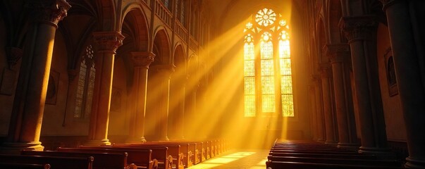 Golden rays of sunlight stream through stained-glass windows, illuminating a majestic cathedral interior with divine light A breathtaking display of sacred luminescence , holy light, light