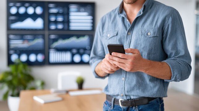 A man holds a smartphone in an office, with large screens displaying various business data and financial charts.