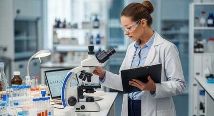 Dedicated female scientist working with a microscope in a modern laboratory setting meticulously