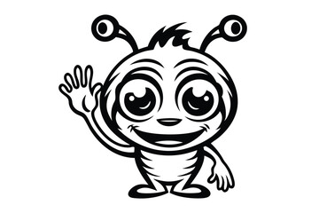 Friendly alien in flying saucer waves hello among distant stars, exuding universal joy