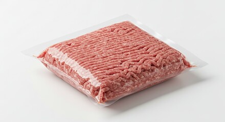 Ground meat is neatly vacuumsealed in a clear plastic bag