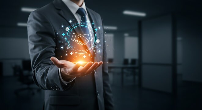 Businessman holding a dollar sign in his hand, concept of financial success and digital business