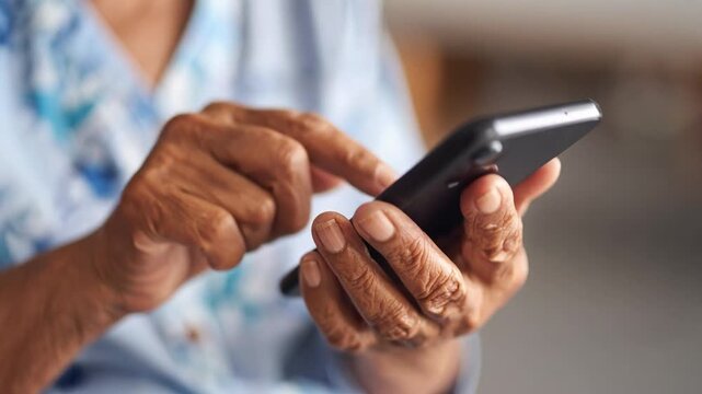 Primer plano manos de persona mayor aprendiendo a utilizar un tel&eacute;fono m&oacute;vil. Tecnolog&iacute;a, aprendizaje, adulto