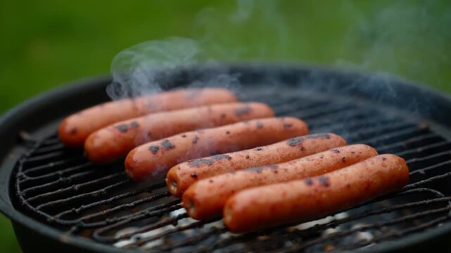 Grilling food for picnic. Delicious hot dog sausages frying in a grill grate in smoke on green nature background. Barbeque in summer. Vertical