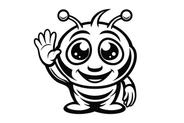 Friendly cartoon alien character waves hello with cute sparkling stars around it cheerfully