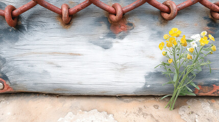 Rusted chainmail background with wildflower bouquet imprint