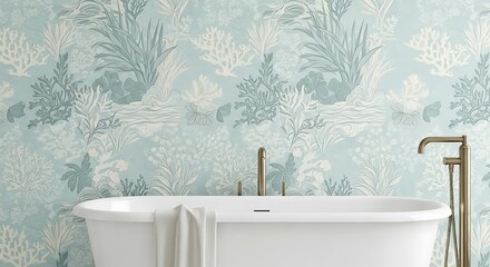 Elegant bathroom with a freestanding tub and coralpatterned wallpaper