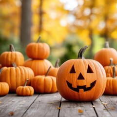 Fototapeta premium A jack-o'-lantern and many pumpkins on a wooden table, with blurred golden autumn trees in the background.