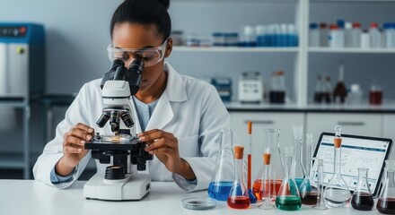 Dedicated scientist conducting experiment with a microscope in a laboratory setting