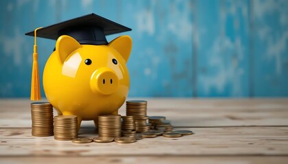 A symbolic and educational-themed image features a shiny yellow piggy bank wearing a black graduation cap with a gold tassel, positioned proudly on a wooden surface