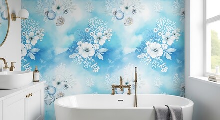 Blue floral wallpaper with white flowers in a modern bathroom