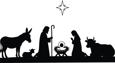 Nativity scene with Mary, Joseph, baby Jesus in manger, donkey, lamb, cow, star of Bethlehem, religious Christmas vector illustration.
