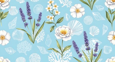 Watercolor floral and seashell pattern on blue background