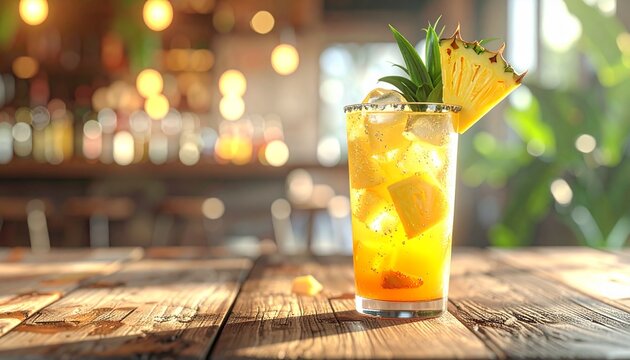 A refreshing tropical pineapple cocktail garnished with a pineapple slice and leaves, served on a wooden table in a sunlit bar.