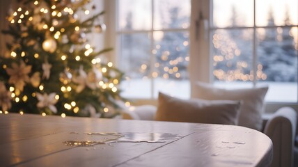Cozy christmas scene with a decorated tree and festive lights seen through a window overlooking a snowy landscape