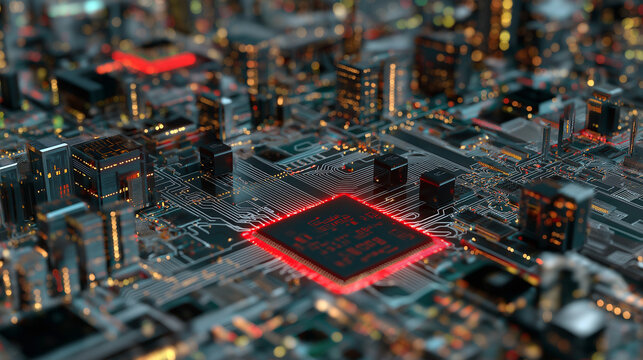 Digital homes depicted on a dark circuit board, illustrating futuristic smart city concept, connected technology, and modern digital infrastructure.