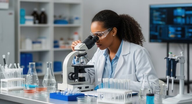 Dedicated scientist meticulously analyzing sample with microscope in a modern lab for medical - Powered by Adobe
