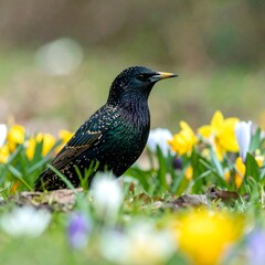 Naklejka premium Starlings in Spring Flowers