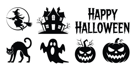 Set of six Halloween silhouettes including flying witch, haunted house, black cat, ghost, jack-o'-lanterns, and spooky “Happy Halloween” text