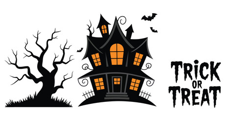 Halloween illustration with haunted house, twisted tree, bats, full moon, jack-o'-lanterns, flying witch, and bold “Happy Halloween” text