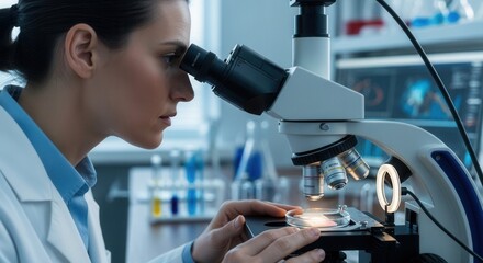 Dedicated scientist meticulously examining sample under powerful microscope in lab