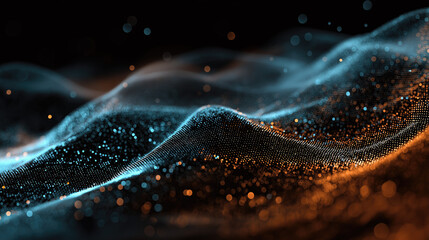 Cybernetic digital wave made of glowing pixels.