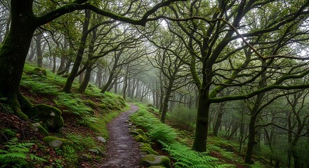 Obraz premium Winding Path Through an Ancient Mossy Forest.