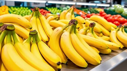 Piles of bright yellow bananas are arranged on a metallic counter with blurred fresh produce in the background of a retail setting