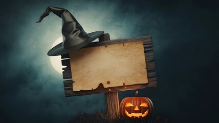 Spooky halloween scene with a witch hat on a wooden sign and a carved pumpkin against a full moon sky