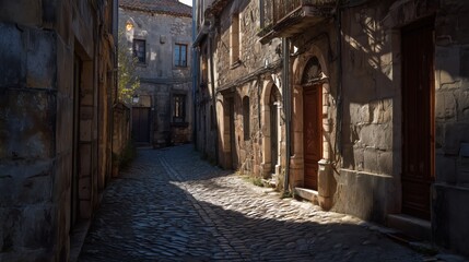 Narrow cobblestone street in an old European village with rustic stone buildings and warm sunlight