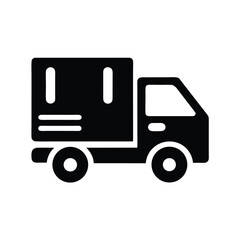 Isolated black and white icon shows a cargo truck with a boxy shape