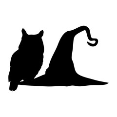Logo con silueta de búho en sombrero de bruja para su uso en invitaciones y tarjetas de Halloween © teracreonte