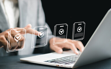 service guarantee, Validation concept for business process automation, quality assurance management, certification, digital transformation. businessman show checked icon on virtual screen.