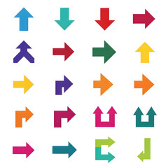 A colorful collection of twenty different flat design arrow icons pointing in various directions on a white background.