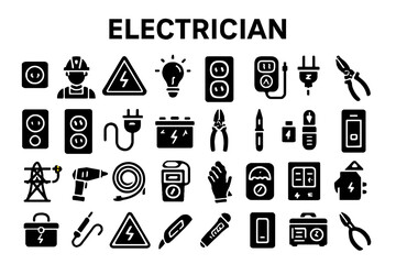 A versatile set of bold, solid black icons representing electricians, electricity, and power. Ideal for apps, websites, and presentations.