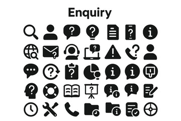 A versatile set of bold, solid black icons representing enquiries, questions, and customer service. Ideal for apps, websites, and presentations.